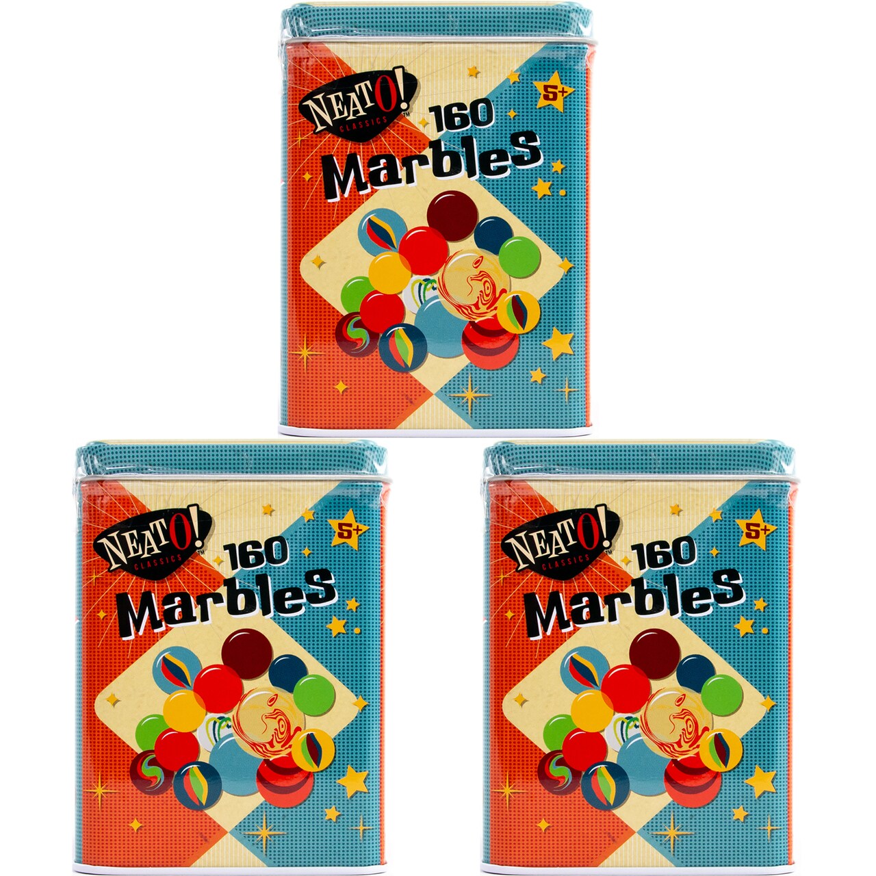 Toysmith Neato Classics 160 Marbles In A Tin Box - Retro Nostalgia Glass Shooter - 3 Pack
